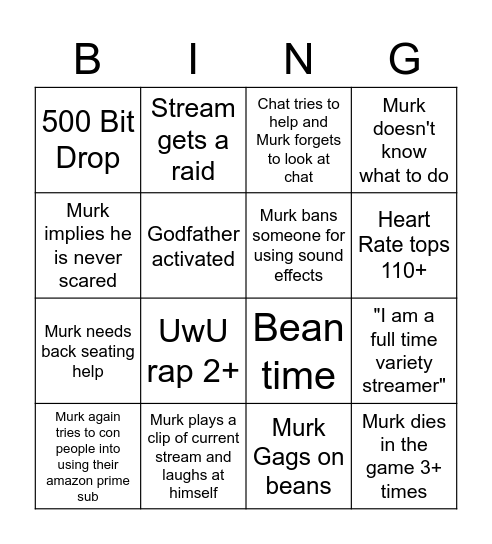Murk Bingo Friday Night Frights Edition Bingo Card