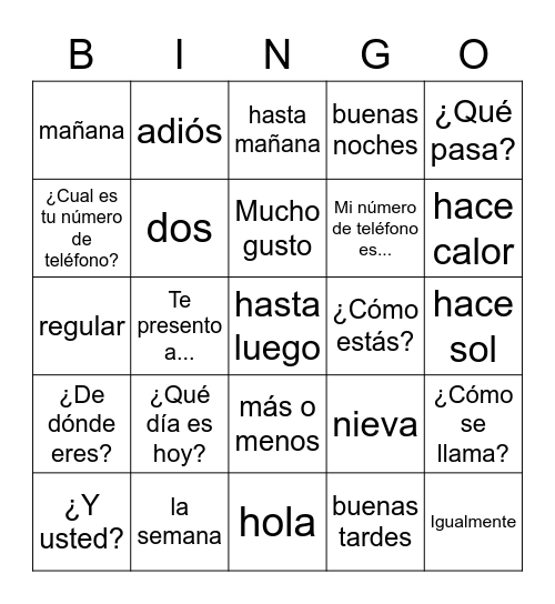 Spanish Greetings Bingo Card
