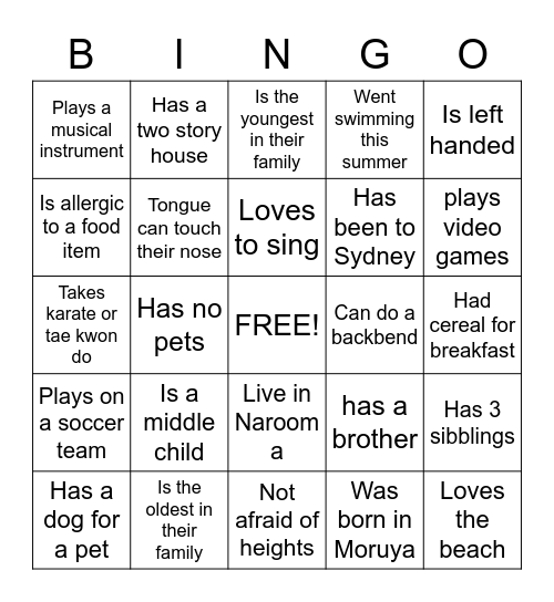 Get to know you Bingo Card