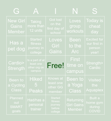 Girl Gains Meeting #1 Bingo Card