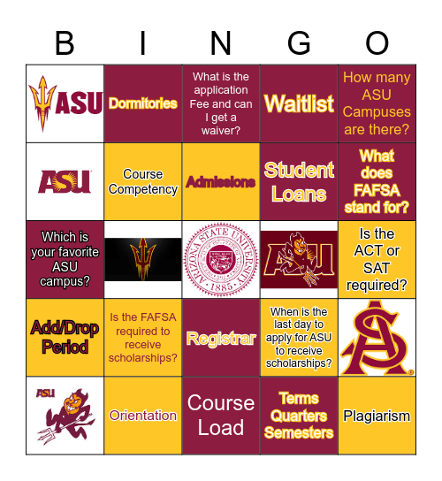 ASU College Lingo Bingo Card