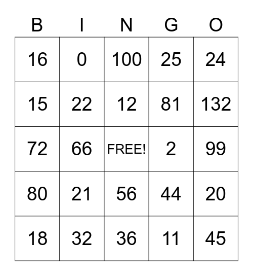 Math Facts Bingo Card