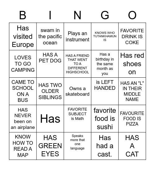 MEET YOUR CLASSMATE BINGO Card