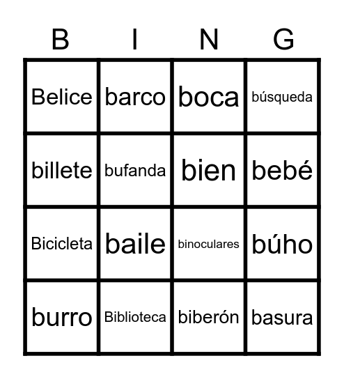 Palabras con Bb Bingo Card