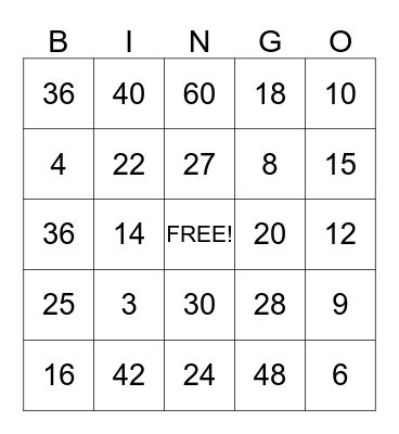 Multiplication  Bingo Card