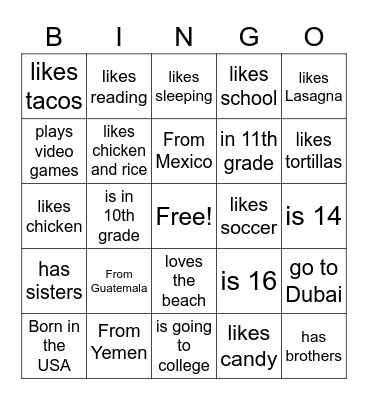 My Peers' Information Bingo Card