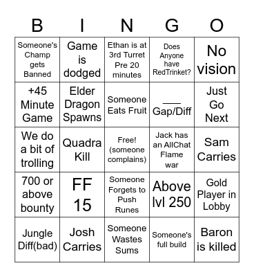 League With Friends Bingo Card