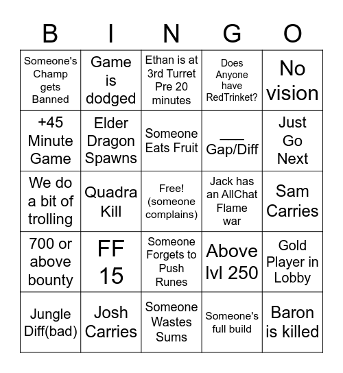 League With Friends Bingo Card