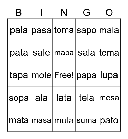 palabras 2 silabas Bingo Card