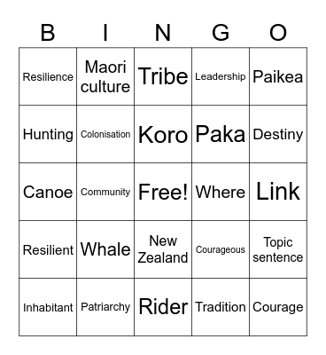 Whale Rider Bingo Card