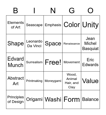 Visual Arts Bingo 2.0 Bingo Card