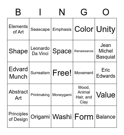 Visual Arts Bingo 2.0 Bingo Card