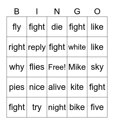 Long I Vocabulary Bingo Card