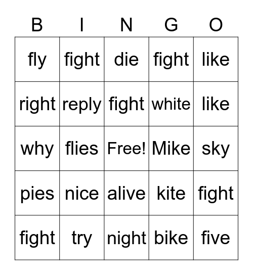 Long I Vocabulary Bingo Card