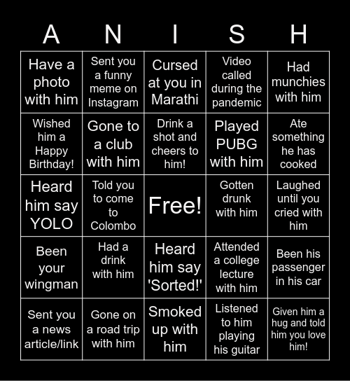 ANISH IS 30! Bingo Card