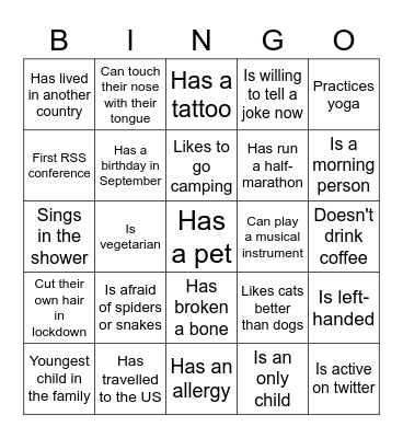 YSS Lunchtime social Bingo Card