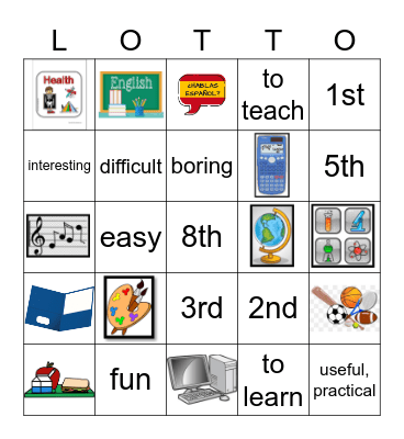 School Subjects Bingo Card