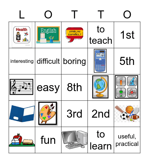 School Subjects Bingo Card