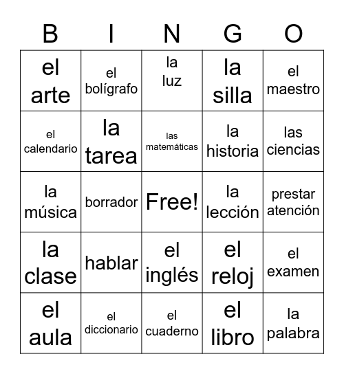 Términos escolares Bingo Card
