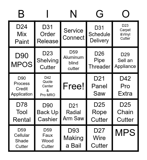 Home Depot Bingo Card