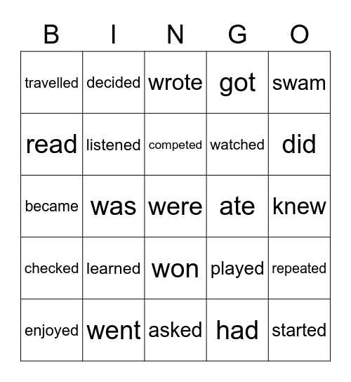 Past Tense Bingo Card