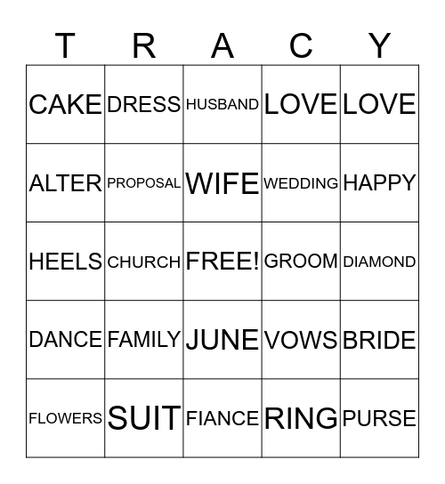 Tracy's Wedding Shower Bingo Card