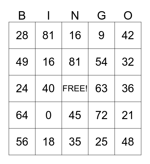 Multiplication Facts Bingo Card