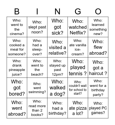 Back-to-School Bingo - What did you do over the holiday? Bingo Card