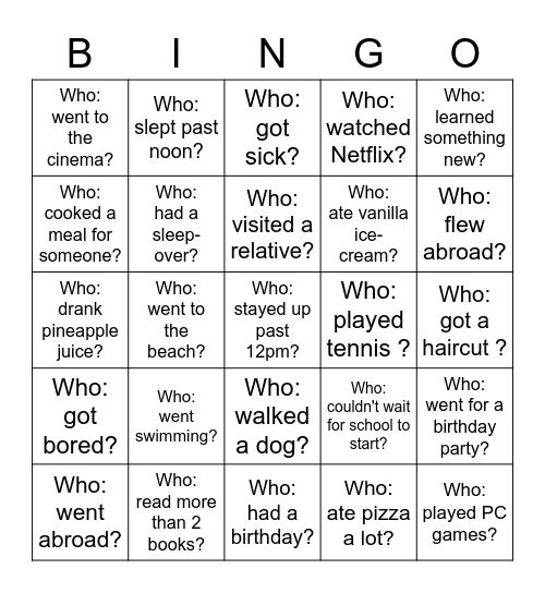Back-to-School Bingo - What did you do over the holiday? Bingo Card