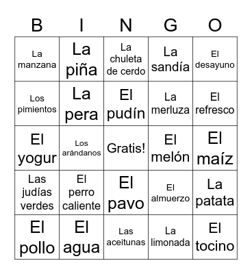 La comida Bingo Card