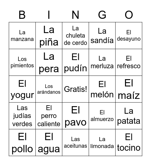 La comida Bingo Card