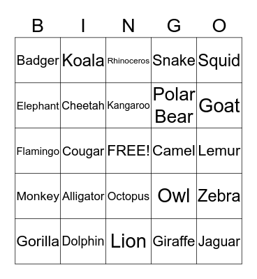 Zoo Animals Bingo Card