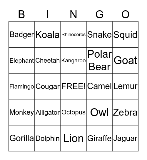 Zoo Animals Bingo Card