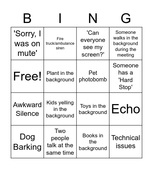 PT Informal Meeting Bingo Card