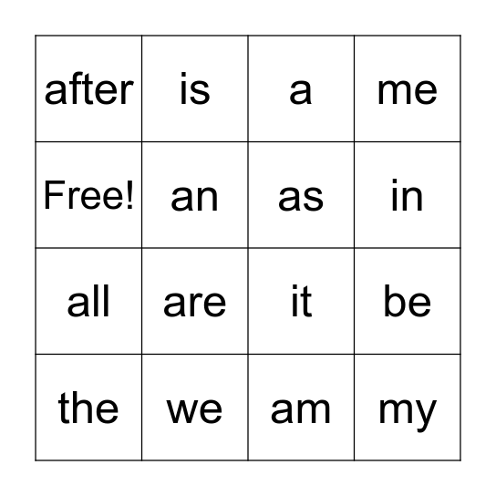 High Frequency Word Bingo Card
