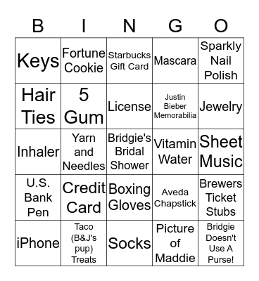 What's in Bridgie's Purse?? Bingo Card