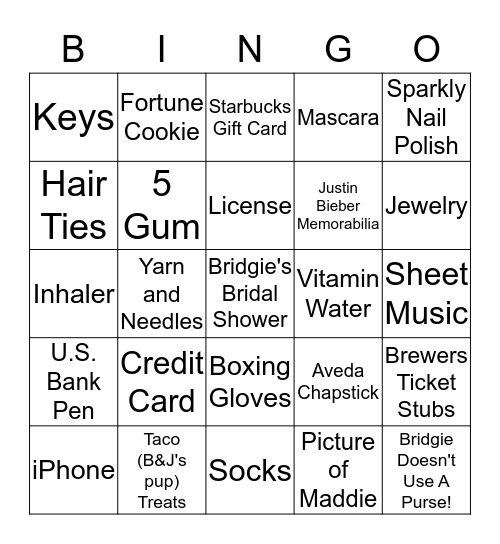 What's in Bridgie's Purse?? Bingo Card