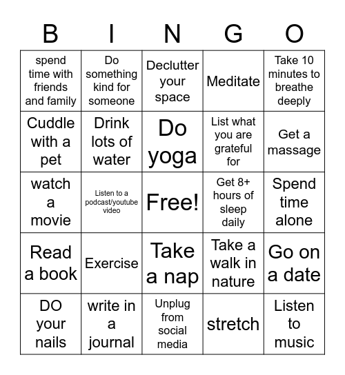 Self Care Bingo Card