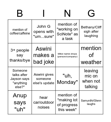 Tech Meeting Bingo Card