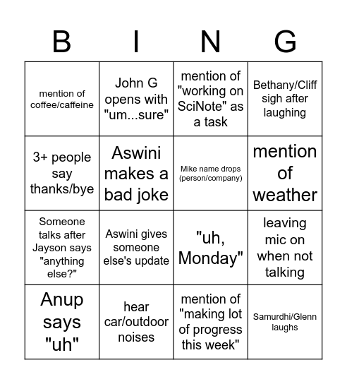 Tech Meeting Bingo Card