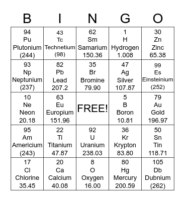 Periodic  Bingo  Bingo Card