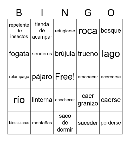 ¡Vamos a acampar! Bingo Card