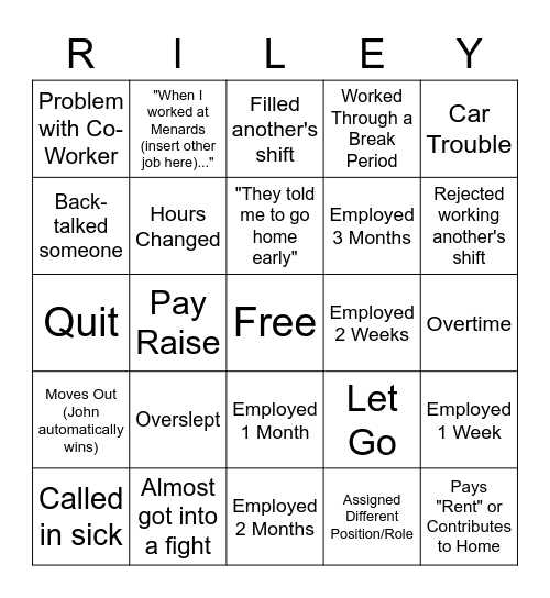 Riley Bingo Card