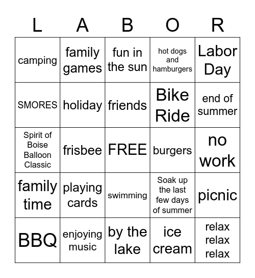 Labor Day Bingo Card