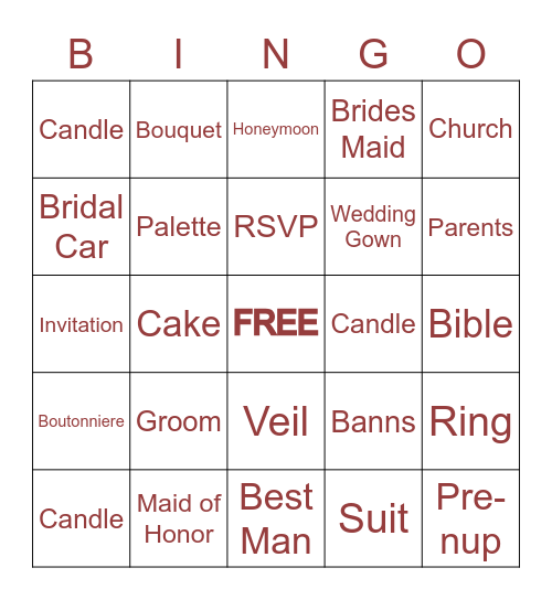 Hydee's Bridal Shower Bingo Card