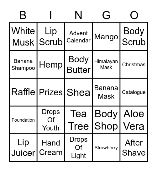 Body Shop Bingo Card