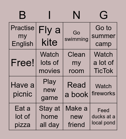 My summer Bingo Card