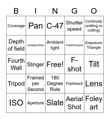 Film Terms Bingo Card