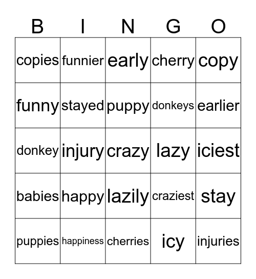 y changes to i Bingo Card
