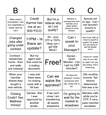 Mortgage Bingo Card